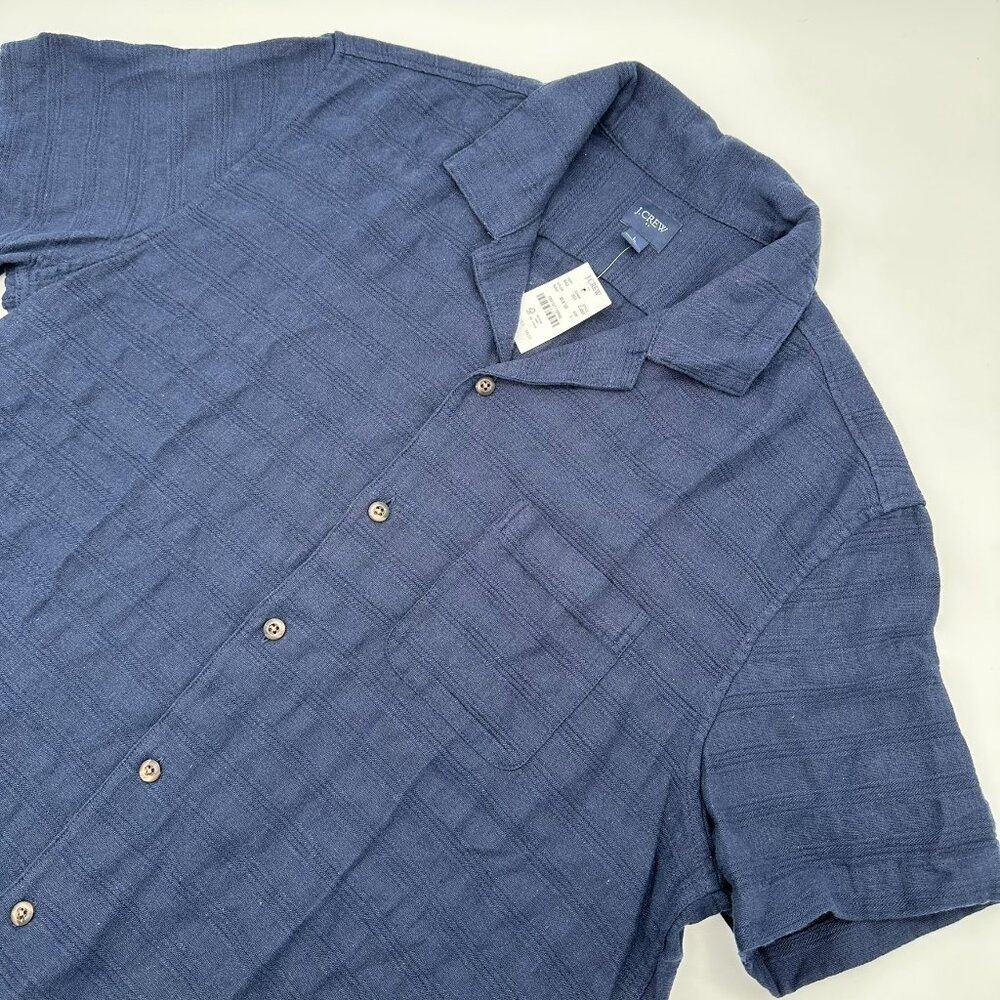 J. Crew Men's Textured Horizontal Jacquard Short Sleeve Camp Shirt, Size L, Navy